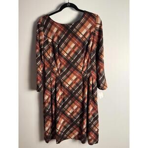 North Style Dress Plaid Long Sleeve Flannel Pockets Brown Orange Midi 10 Zipper